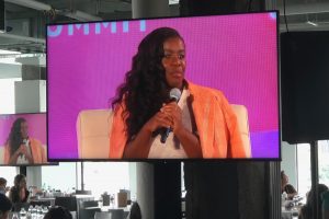 Uzo Aduba speaking at conference Blogher18