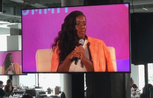 Uzo Aduba speaking at conference Blogher18